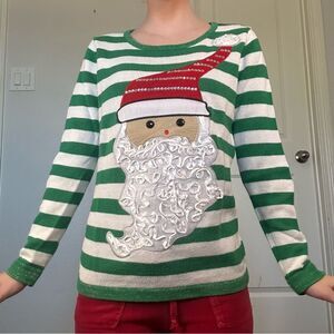 Women’s Green & White knit Santa W/ Ribbon Beard Sweater by Nouveaux Size S